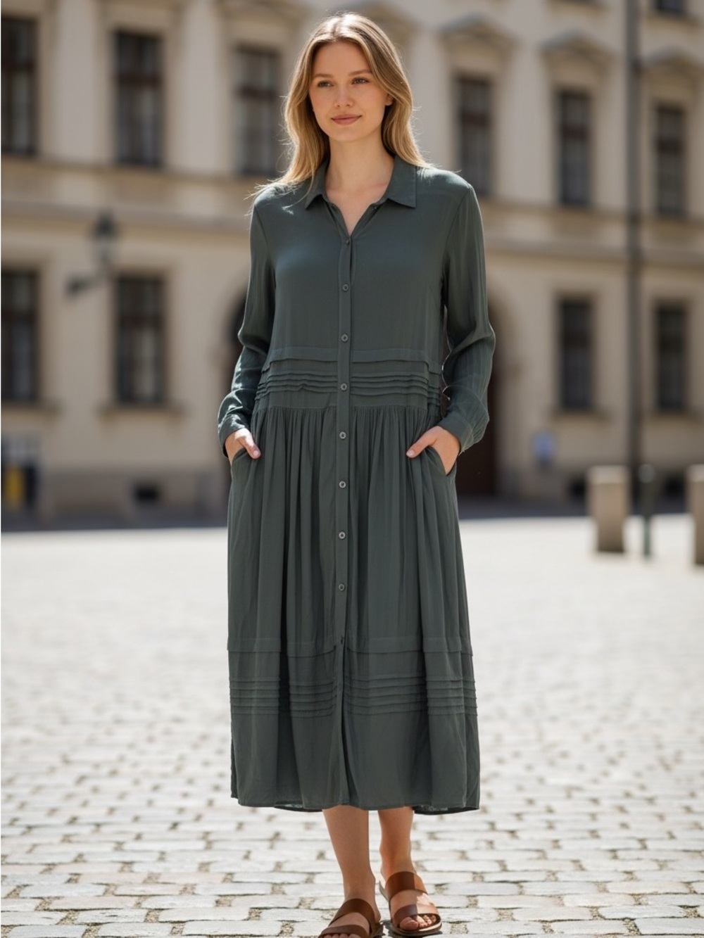 Young Fabulous & Broke‎ | Green Long Sleeve Pleated Button Down Rayon Dress S